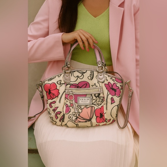 Coach Poppy Graffiti Floral Satchel Bag with Metallic Trim - Picture 1 of 9